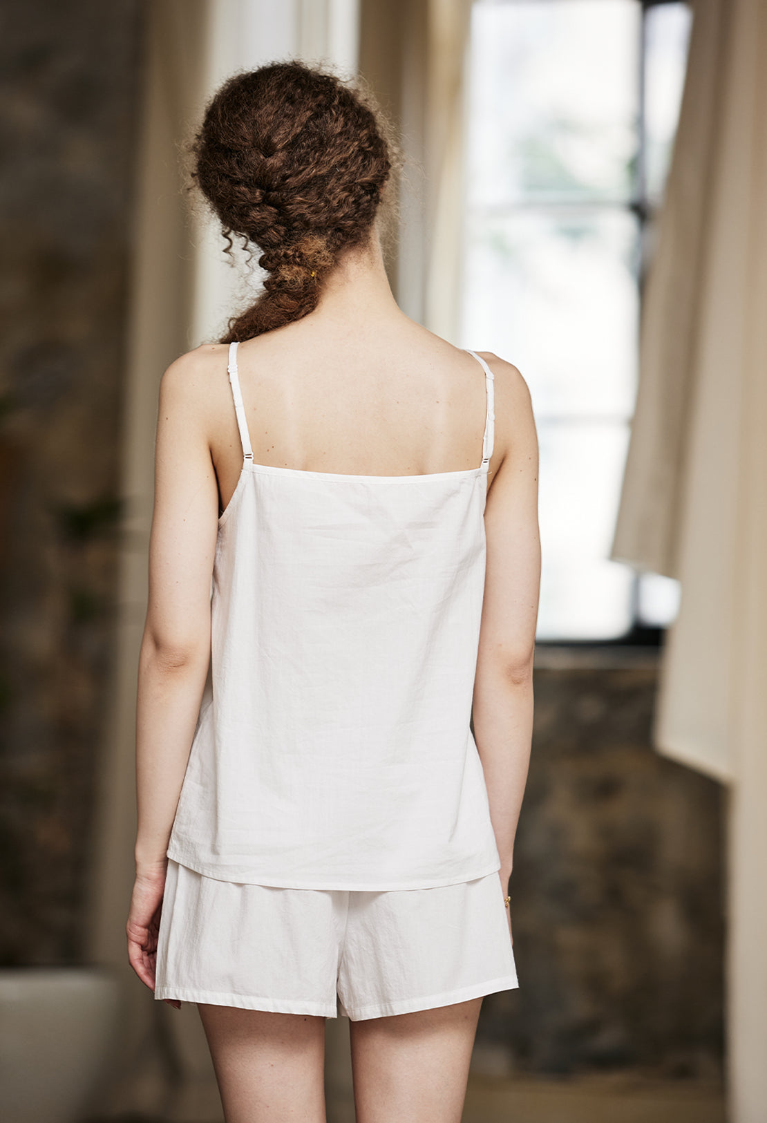 ivory striped cotton pajama shorts with loose fit design - back view
