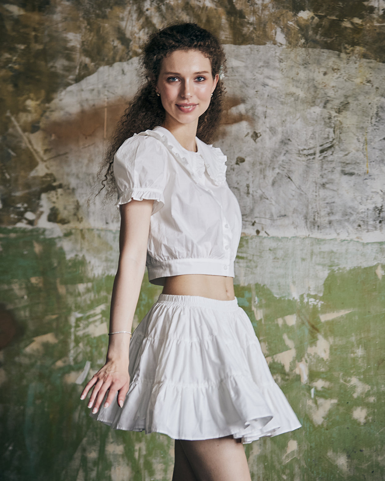 women's vintage cotton tiered skort worn with casual top