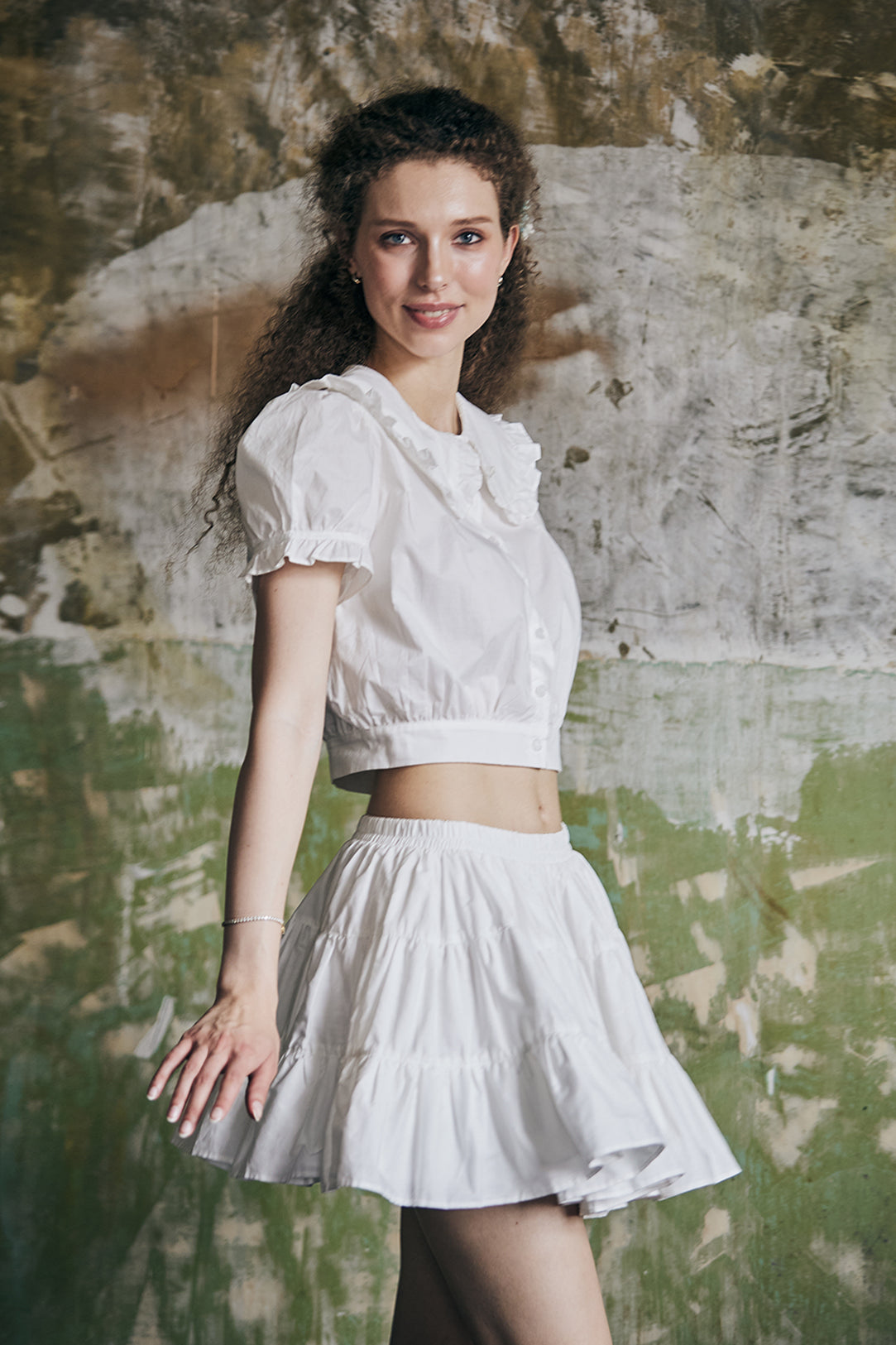 women's vintage cotton tiered skort worn with casual top