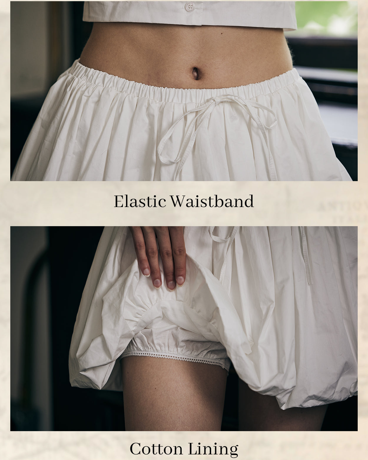 Close-up detail of women's white cotton bubble skort showing fabric texture and pleated construction