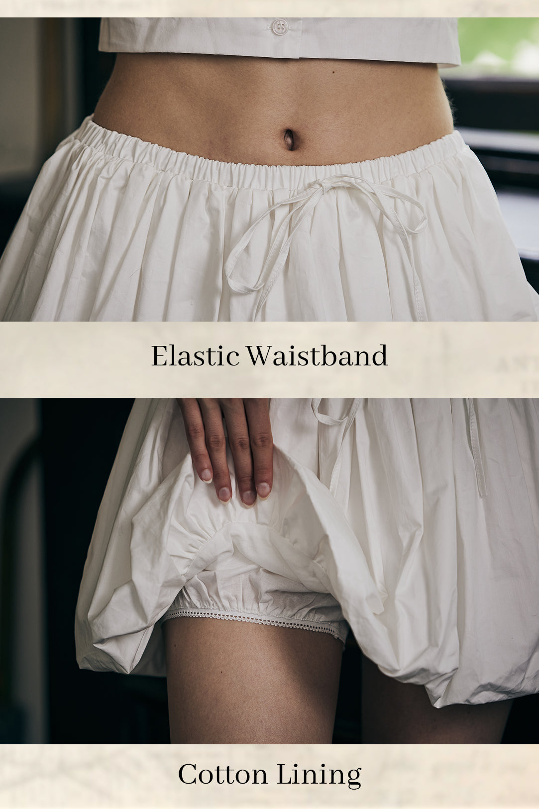 Close-up detail of women's white cotton bubble skort showing fabric texture and pleated construction