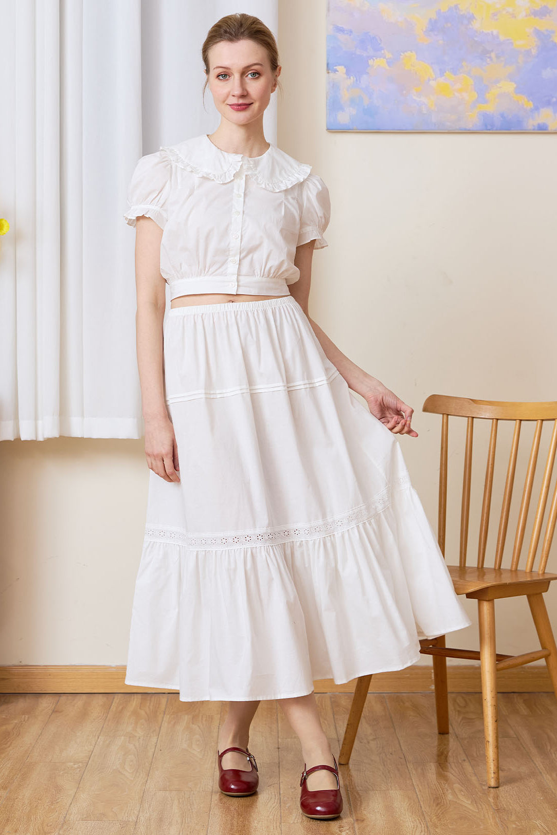 Sueasyretro white 100% cotton midi skirt with ruffle hem and eyelet lace. Perfect for romantic vintage everyday wear, front full view.
