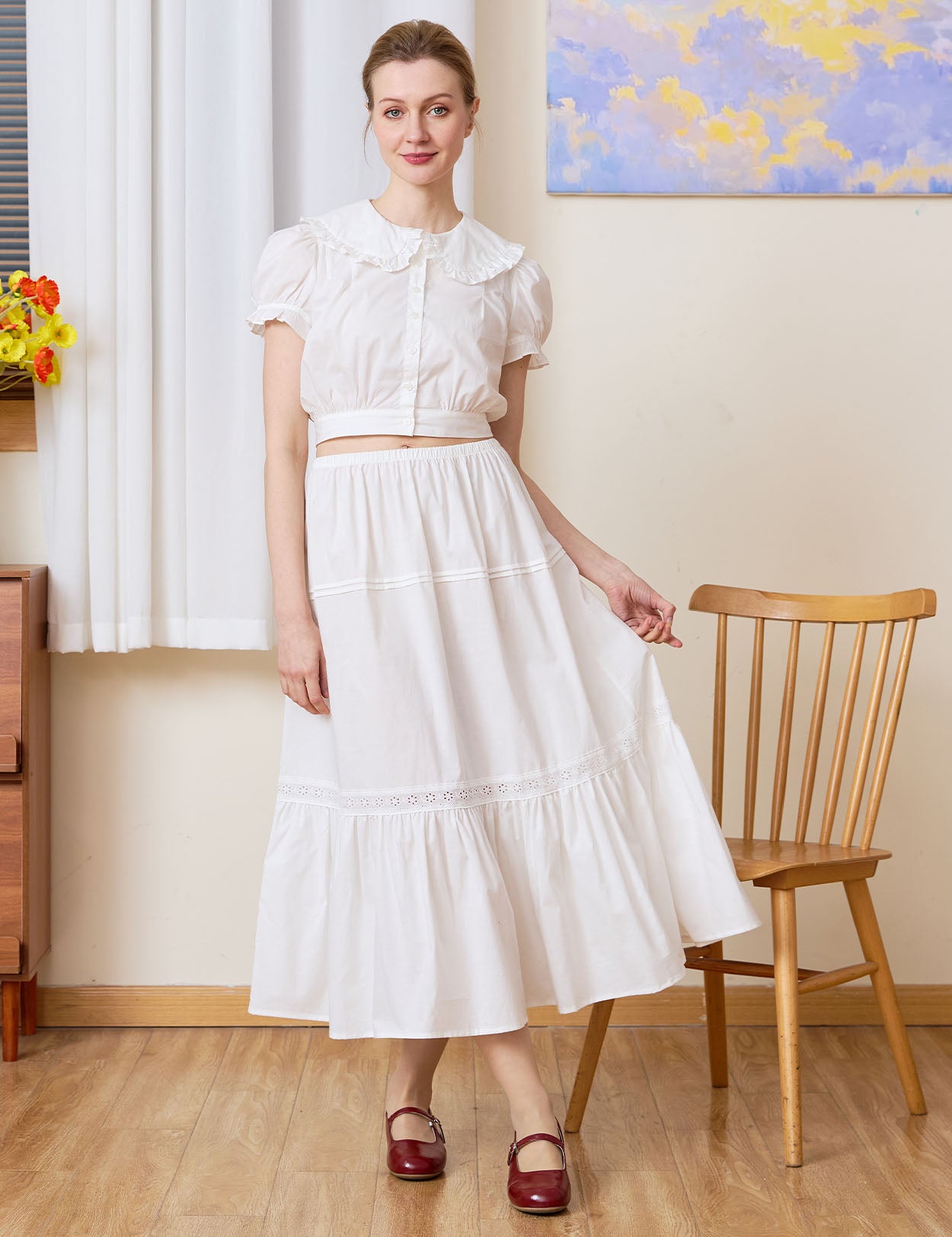 Sueasyretro white 100% cotton midi skirt with ruffle hem and eyelet lace. Perfect for romantic vintage everyday wear, front full view.