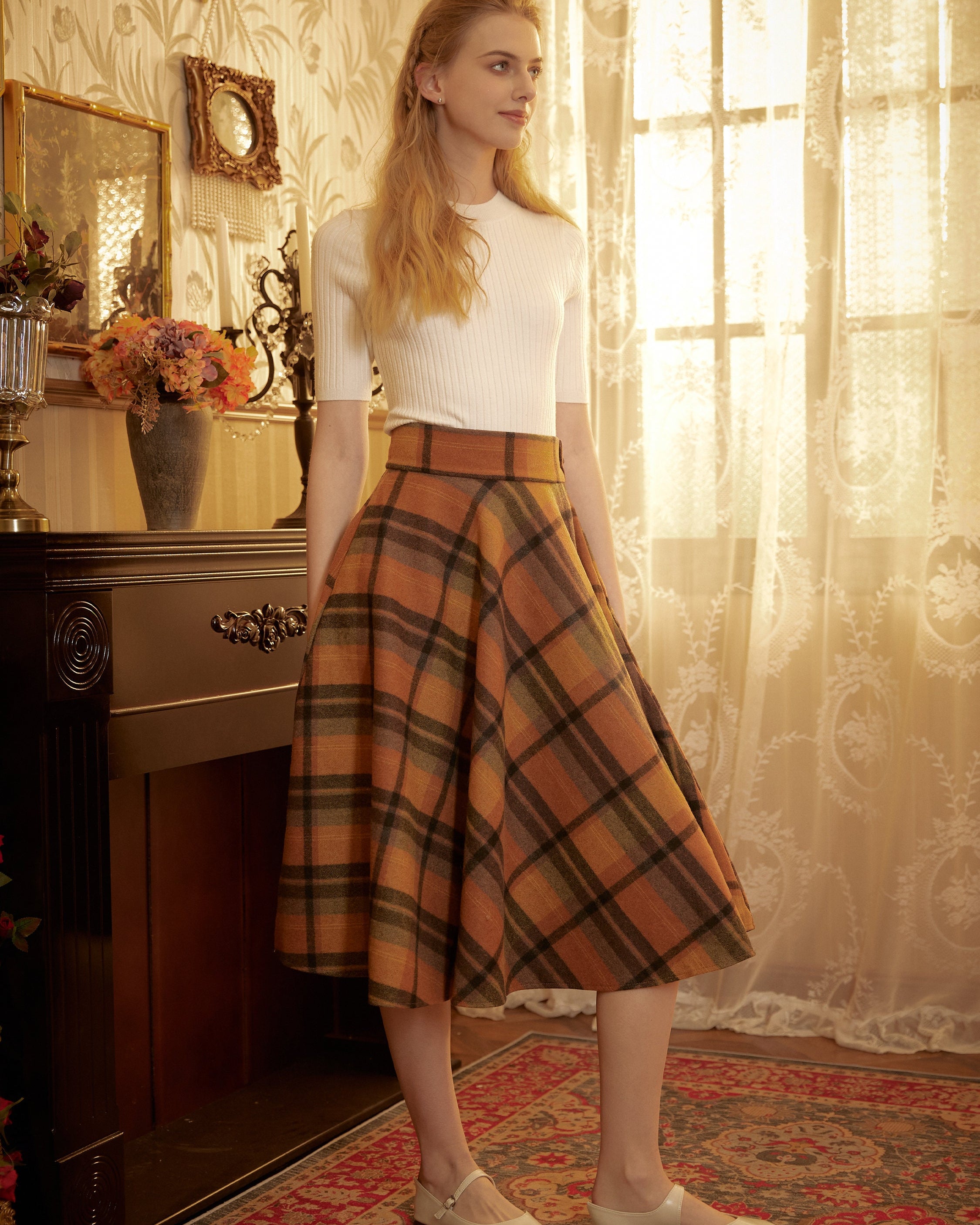 Orange plaid wool skirt with pockets