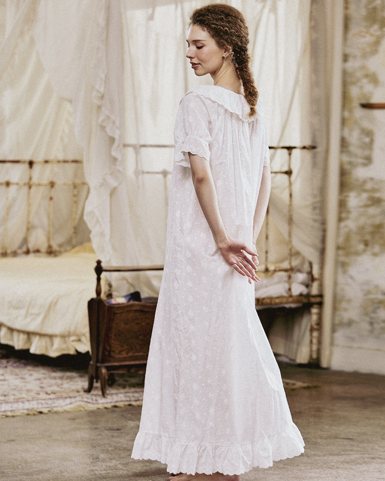Victorian embroidered cotton nightgown with ruffle trim