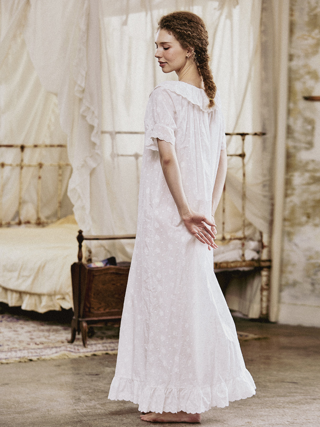 Victorian embroidered cotton nightgown with ruffle trim