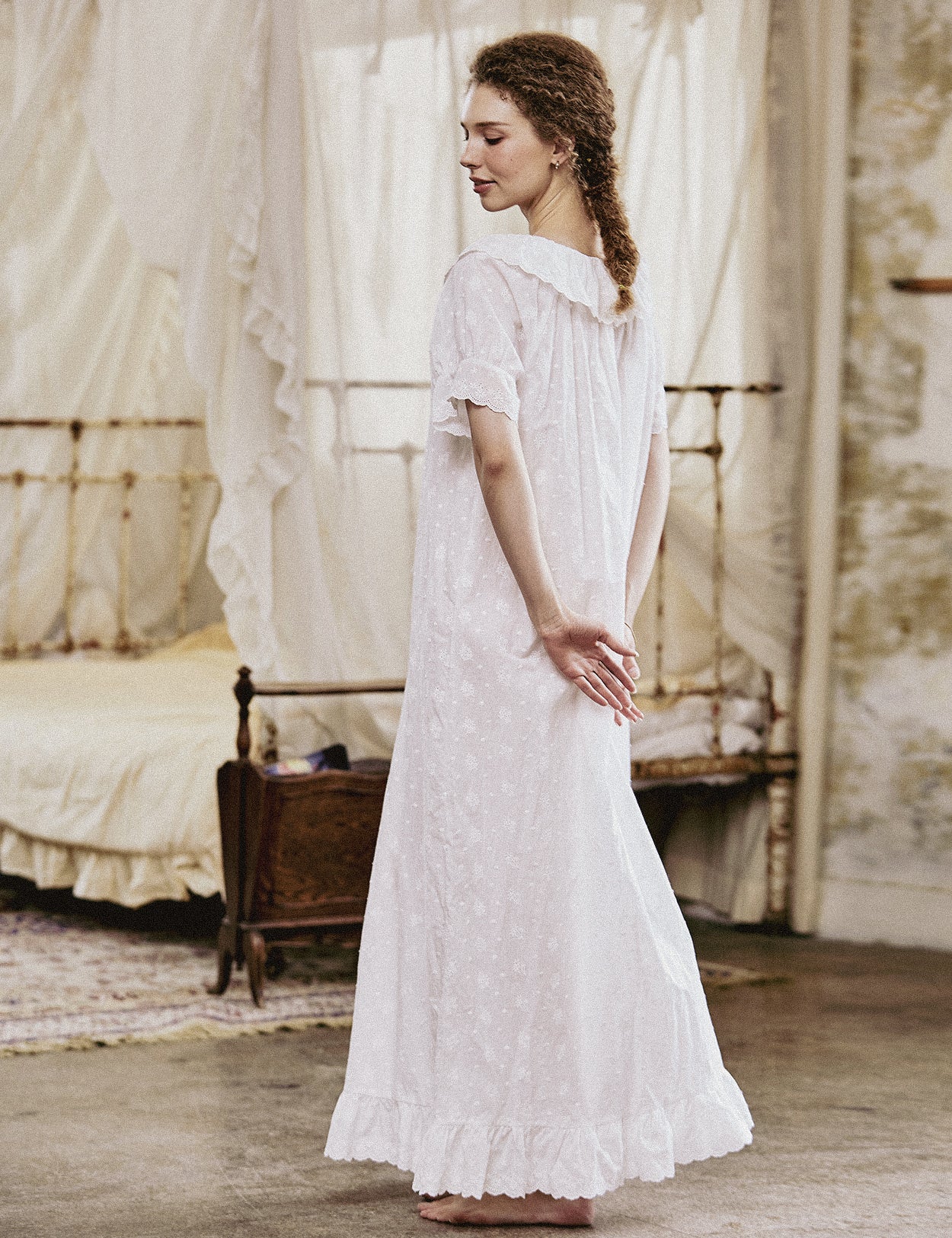 Victorian embroidered cotton nightgown with ruffle trim