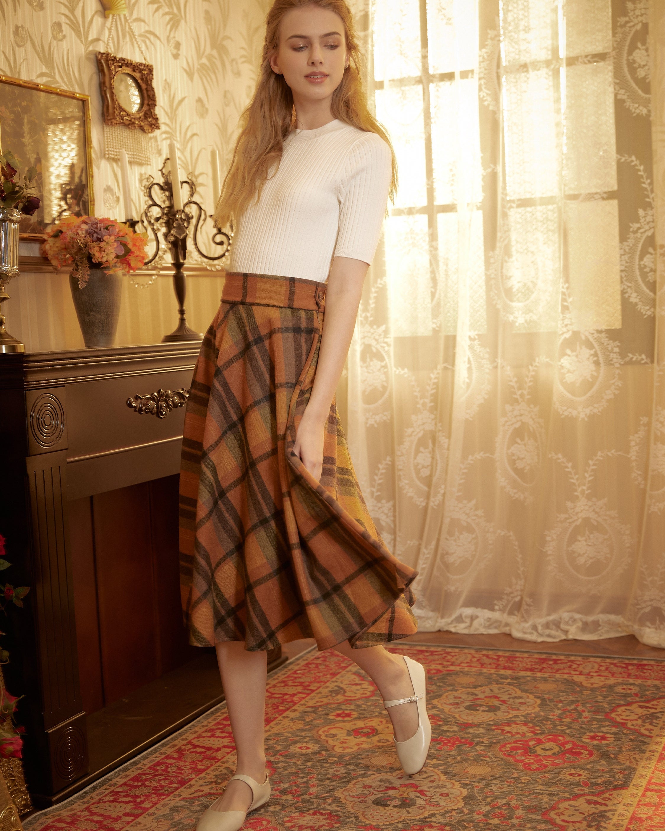 High waisted orange wool skirt