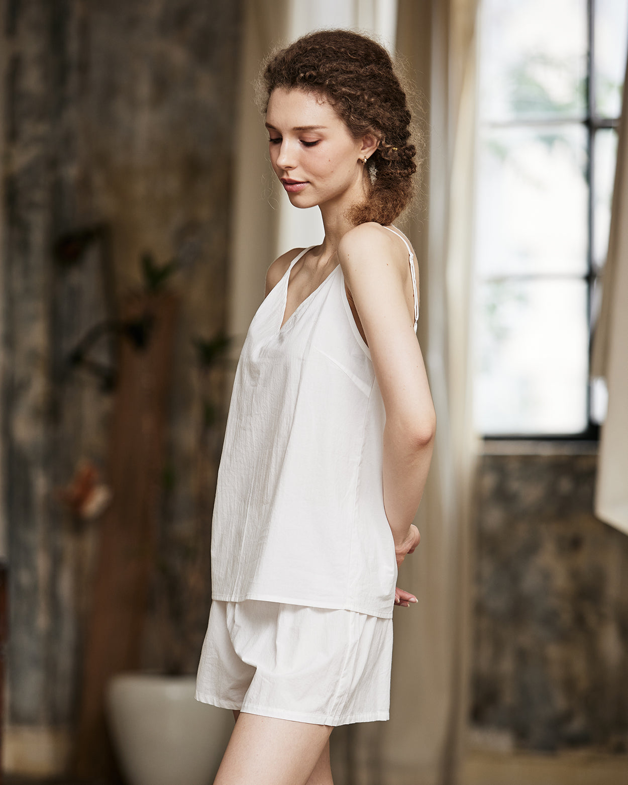 Women's soft washed 100% cotton pajama shorts in ivory, comfortable lounge sleepwear - side view