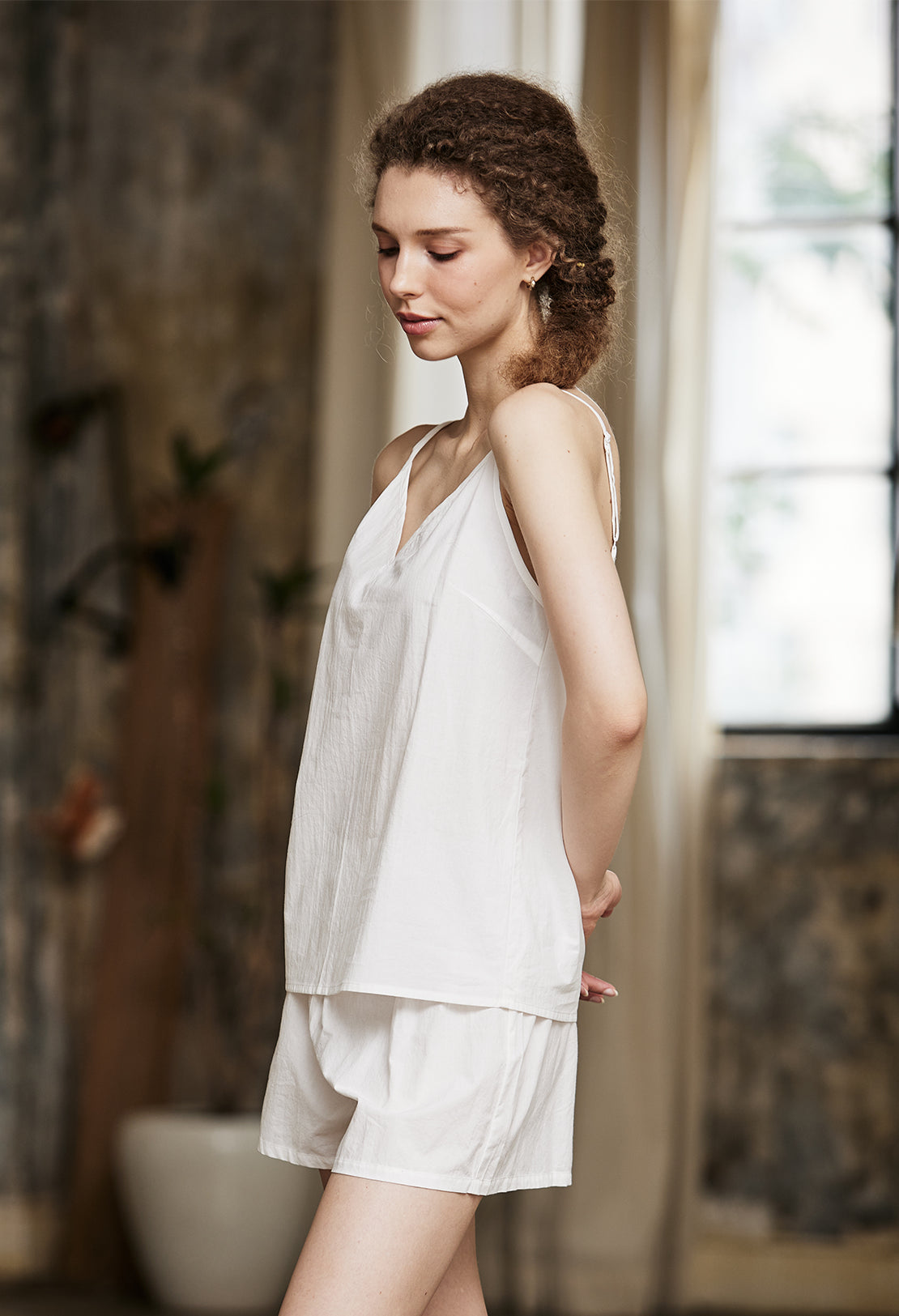 Women's soft washed 100% cotton pajama shorts in ivory, comfortable lounge sleepwear - side view