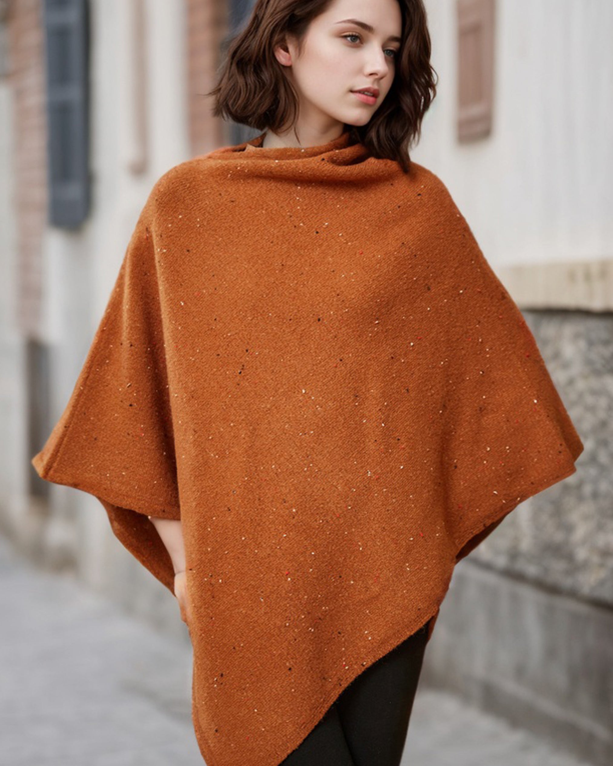 Knit wool poncho womens wool cape tweed speckled wool blend wrap ruana wool shawl
