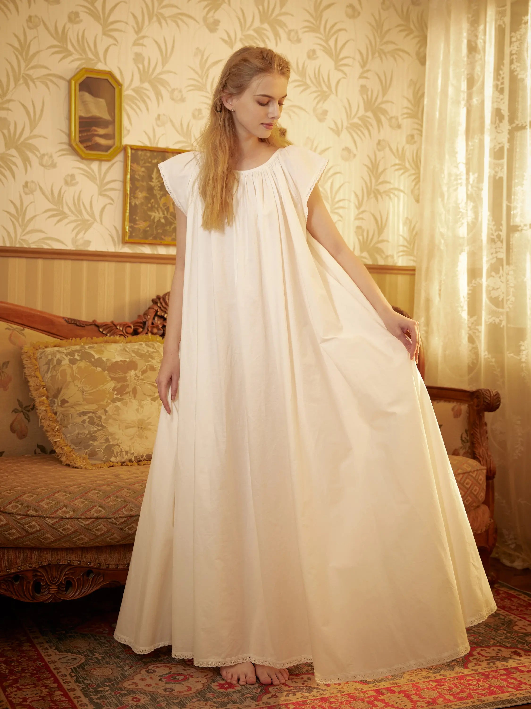 Sueasyretro vintage-style cotton long nightgown, featuring short sleeves, a gathered neckline, and delicate lace trim for a classic Victorian sleepwear look.