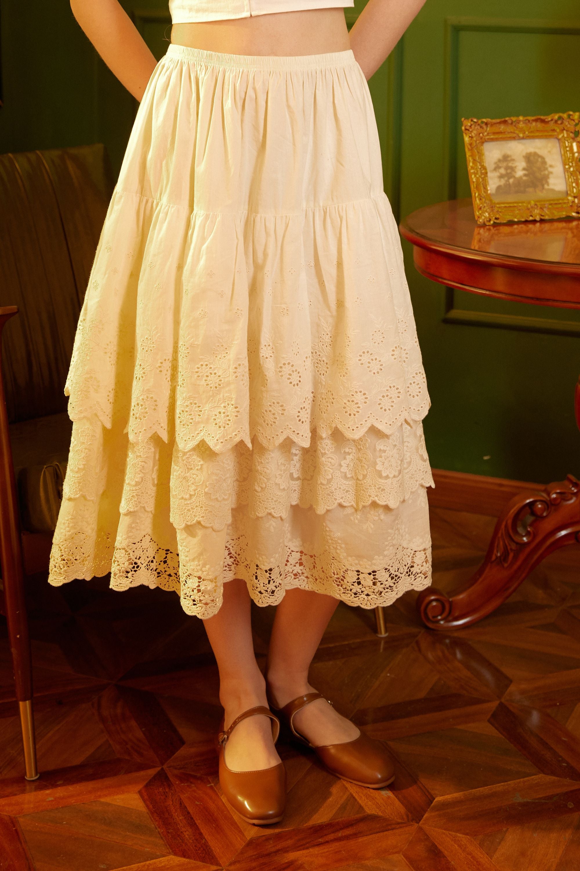 Front view of a 100% cotton petticoat half slip featuring a 3-tier scalloped lace embroidery hem, worn as a vintage-style standalone skirt.