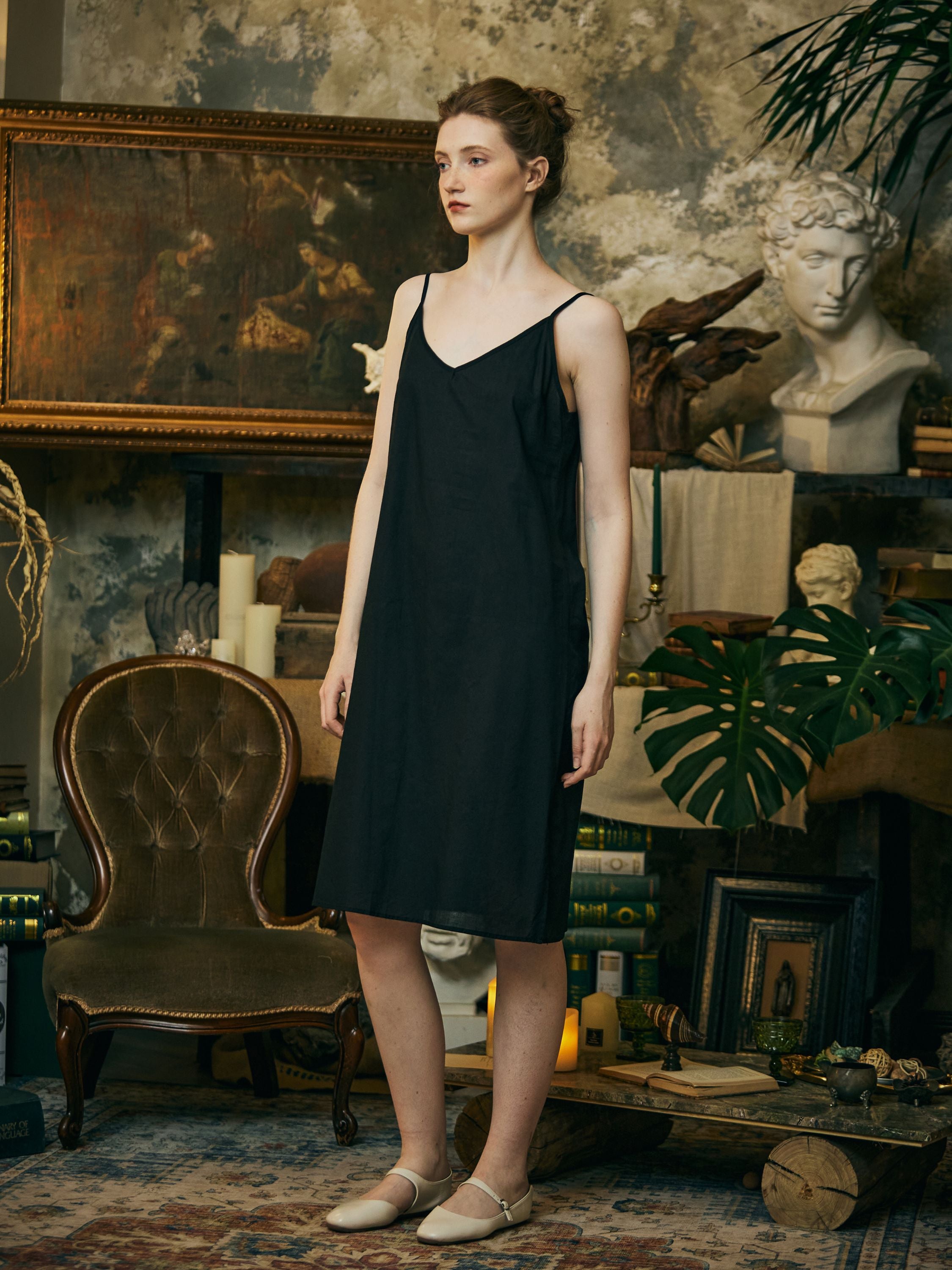 Women Cotton Slip Dress V Neck Slit Design Under Dress Camisole Vintage Style Skirt Extender Petticoat Full Slip