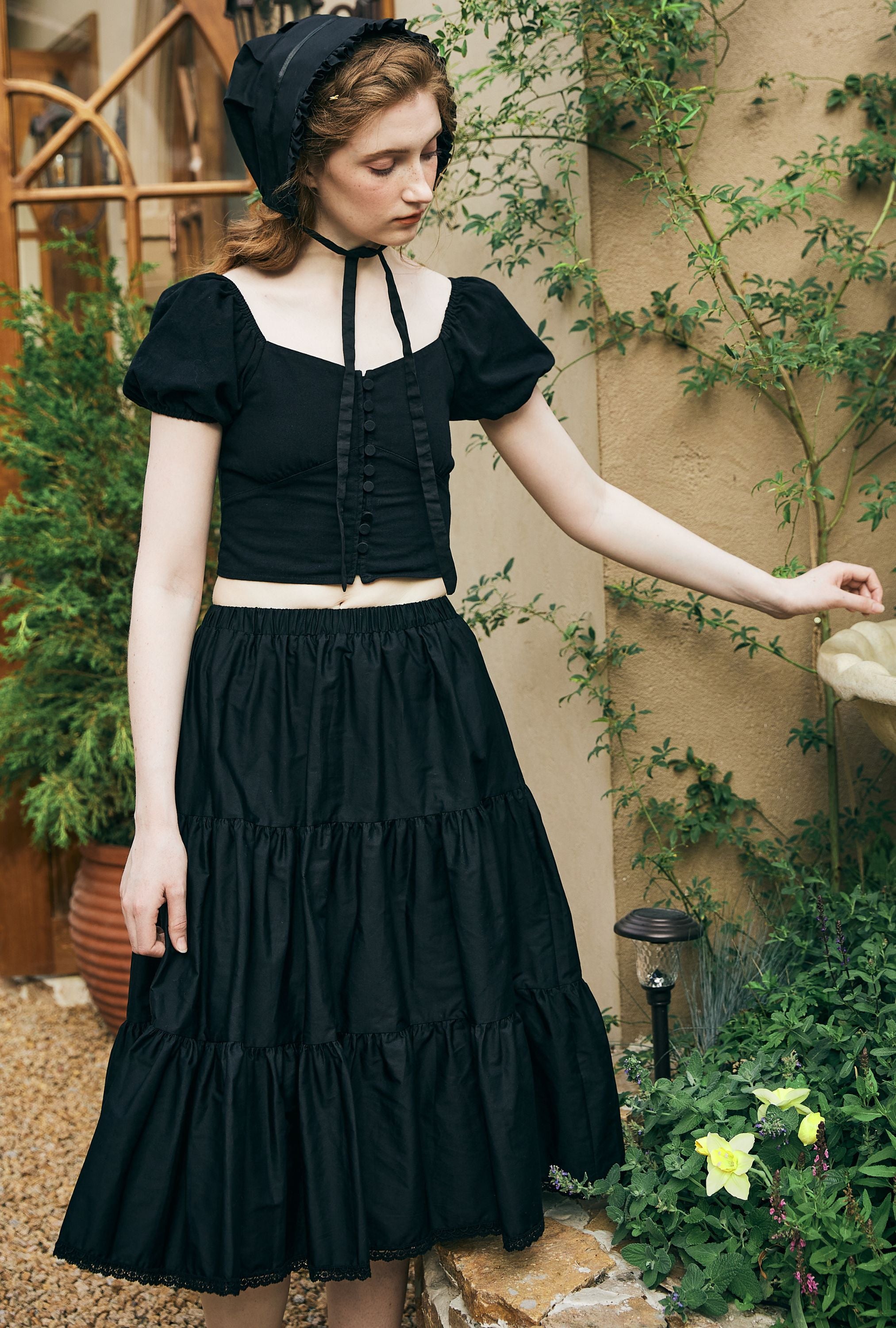 100% Cotton Tiered Midi Black 
Skirt with Pockets & Lace Trim 