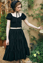 100% Cotton Tiered Midi Black 
Skirt with Pockets & Lace Trim 