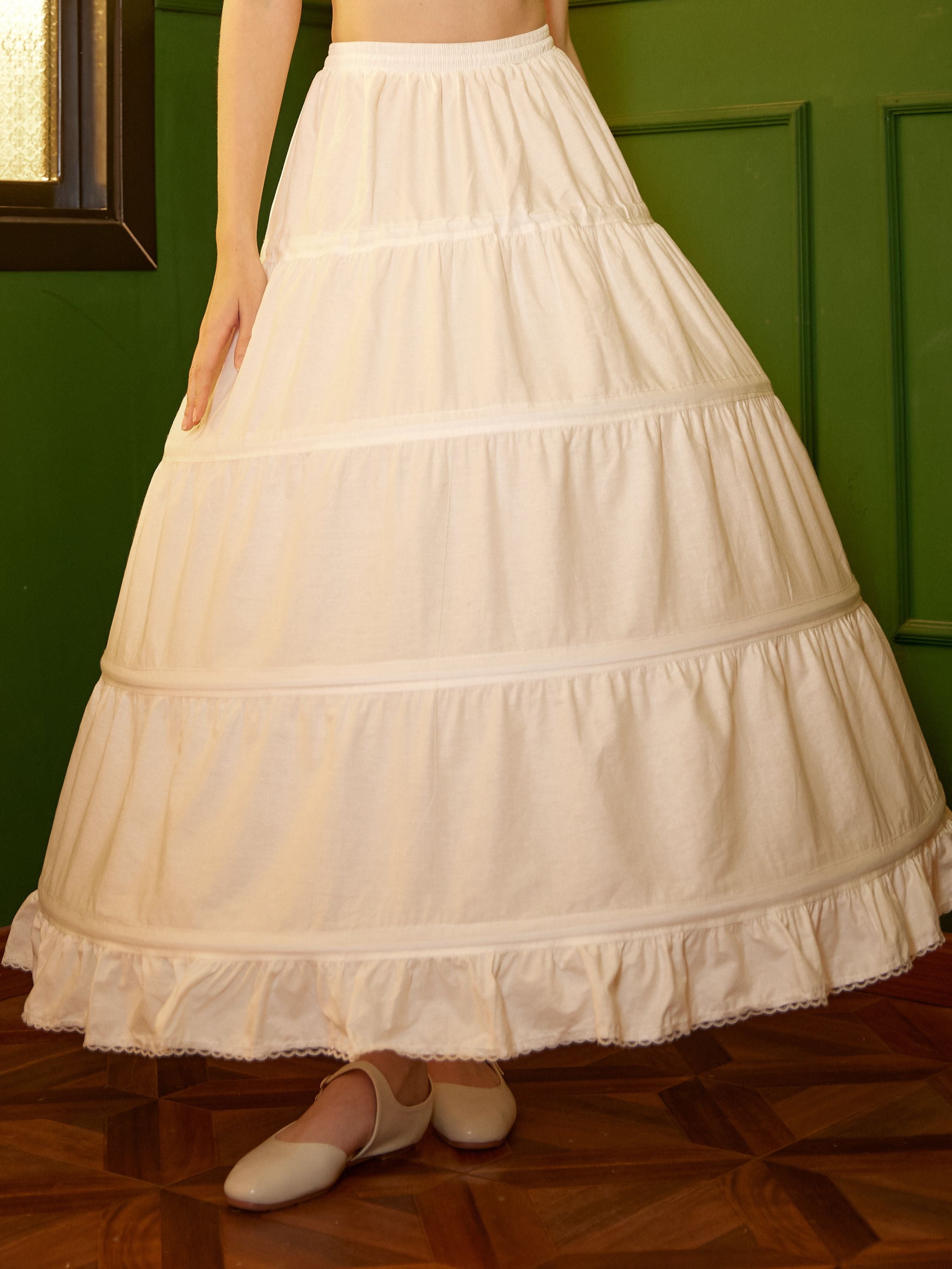 Close-up of the adjustable waistband on an ivory 4-hoop cotton petticoat crinoline