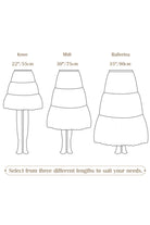Size and length guide illustration for the cotton half slip, showing 22-inch Knee, 30-inch Midi, and 35-inch Ballerina length options.