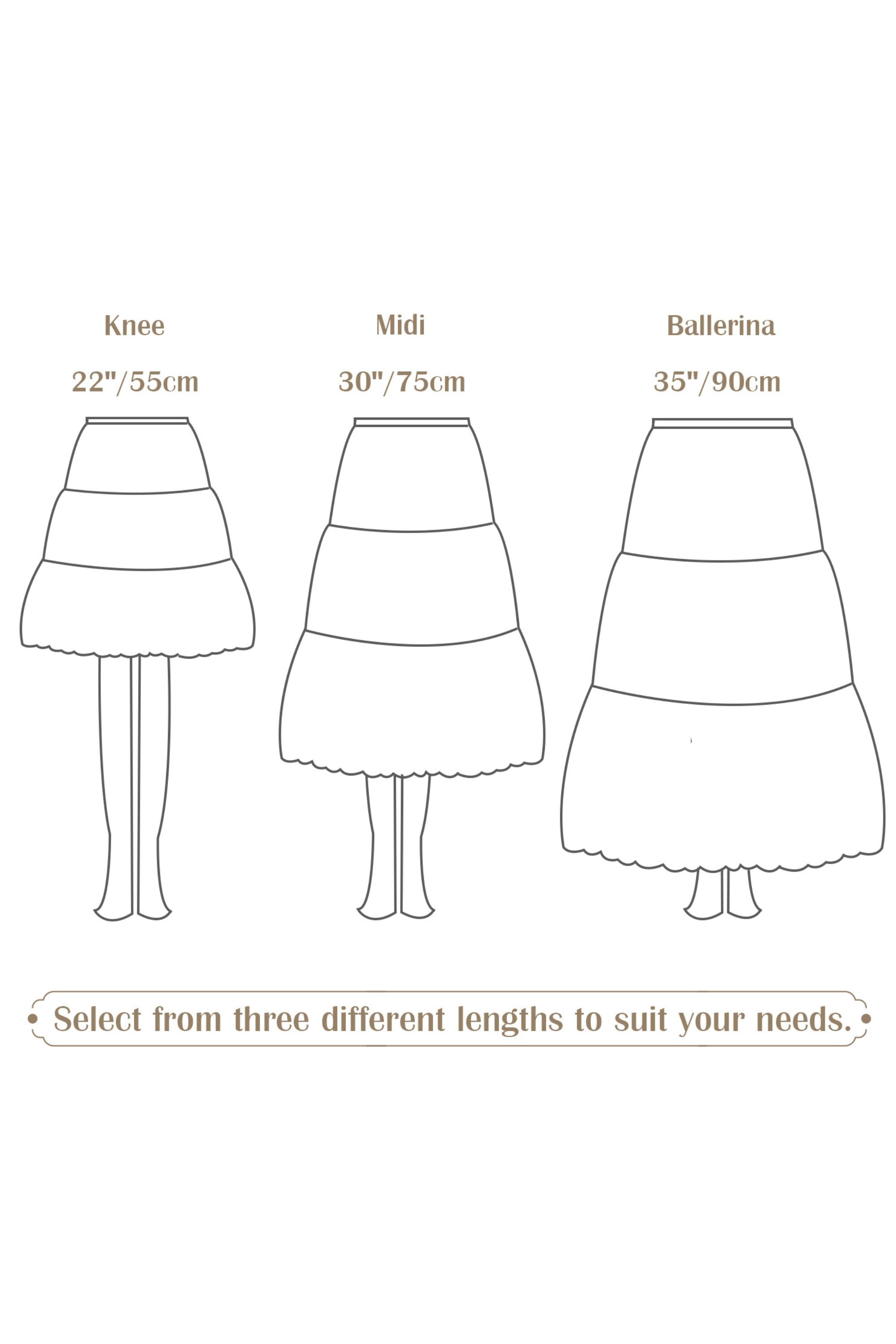 Size and length guide illustration for the cotton half slip, showing 22-inch Knee, 30-inch Midi, and 35-inch Ballerina length options.
