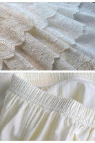 Detail shots of a cotton half slip underskirt showing the delicate 3-tier eyelet lace embroidery and the comfortable, flexible elastic waistband.