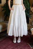 100% Cotton Tiered White Maxi Skirt with Pockets & Lace Trim 