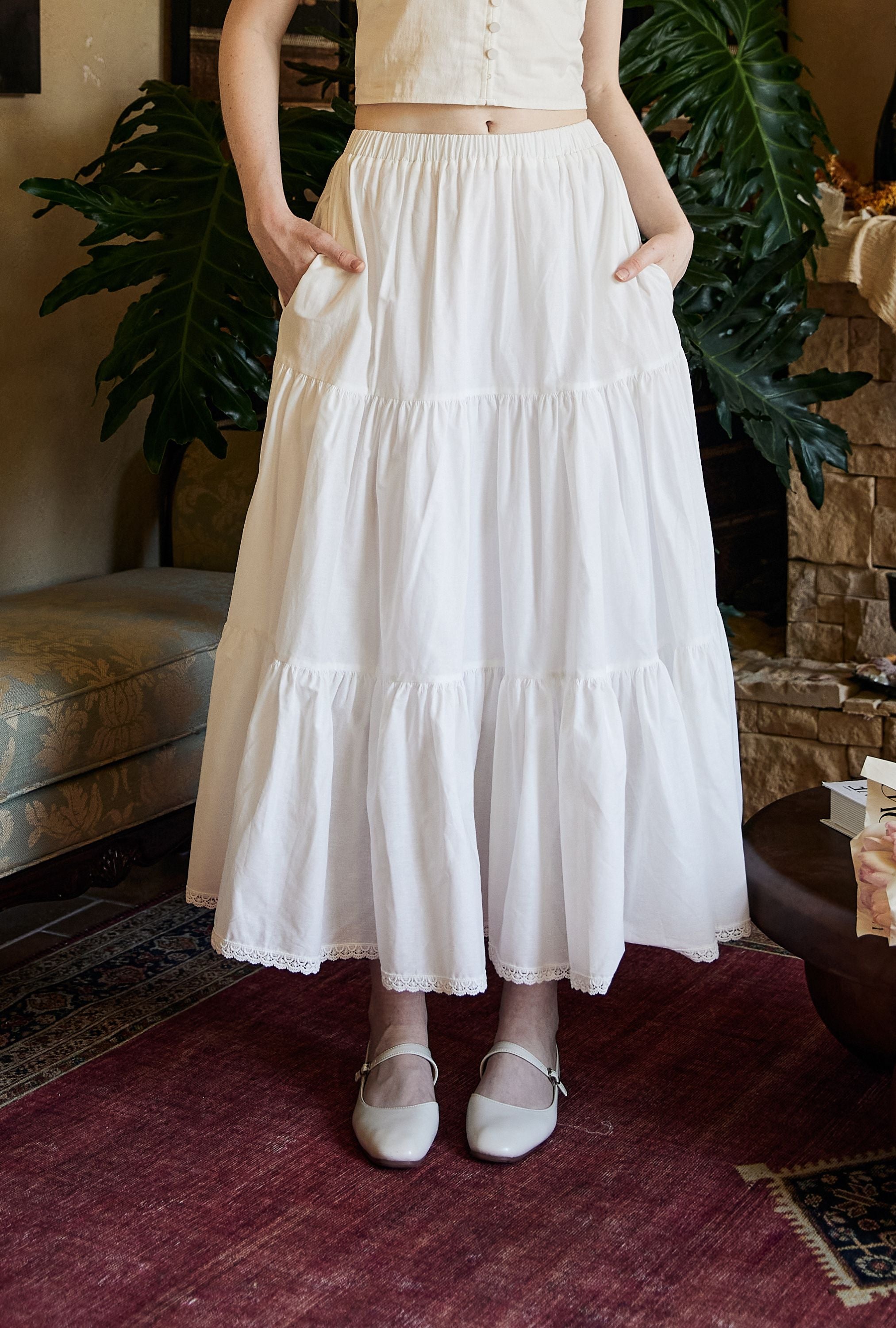 100% Cotton Tiered White Maxi Skirt with Pockets & Lace Trim 