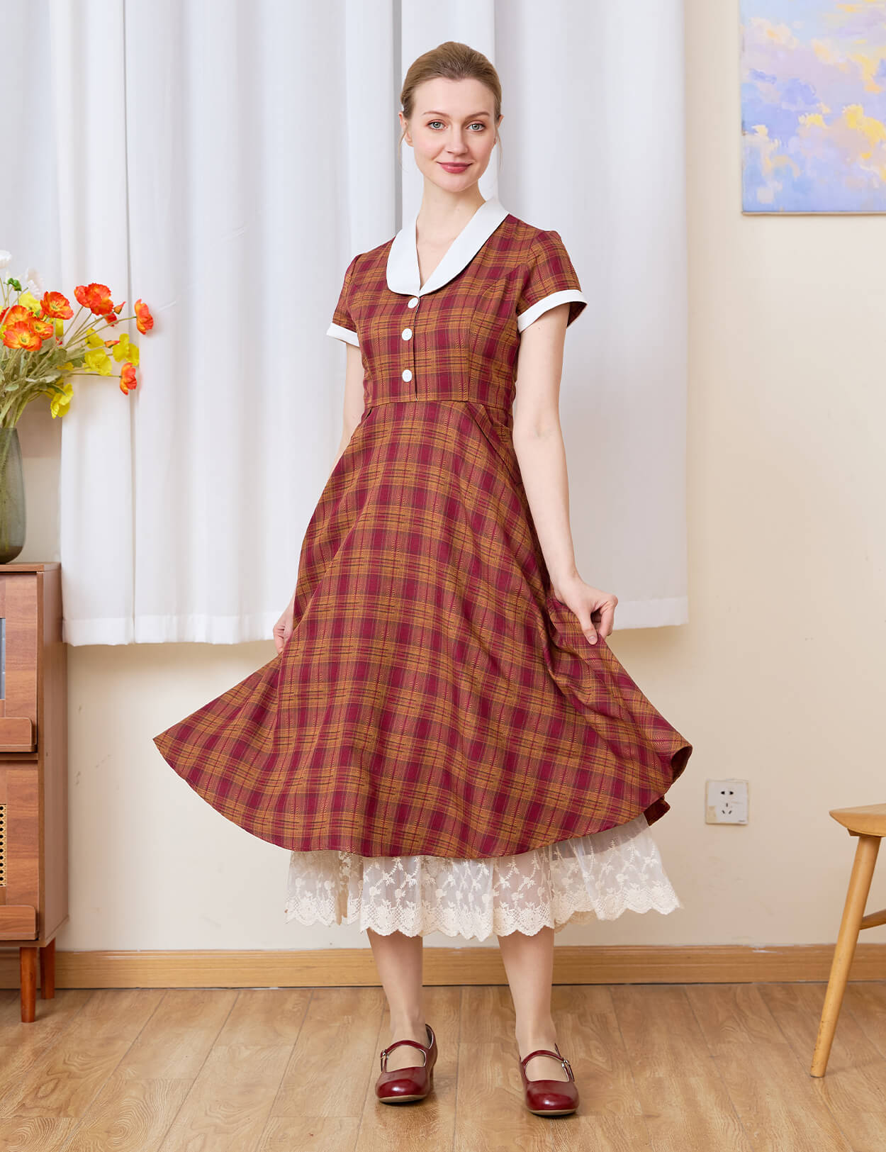 Sueasyretro cream lace skirt extender layered under a plaid midi dress for added length.