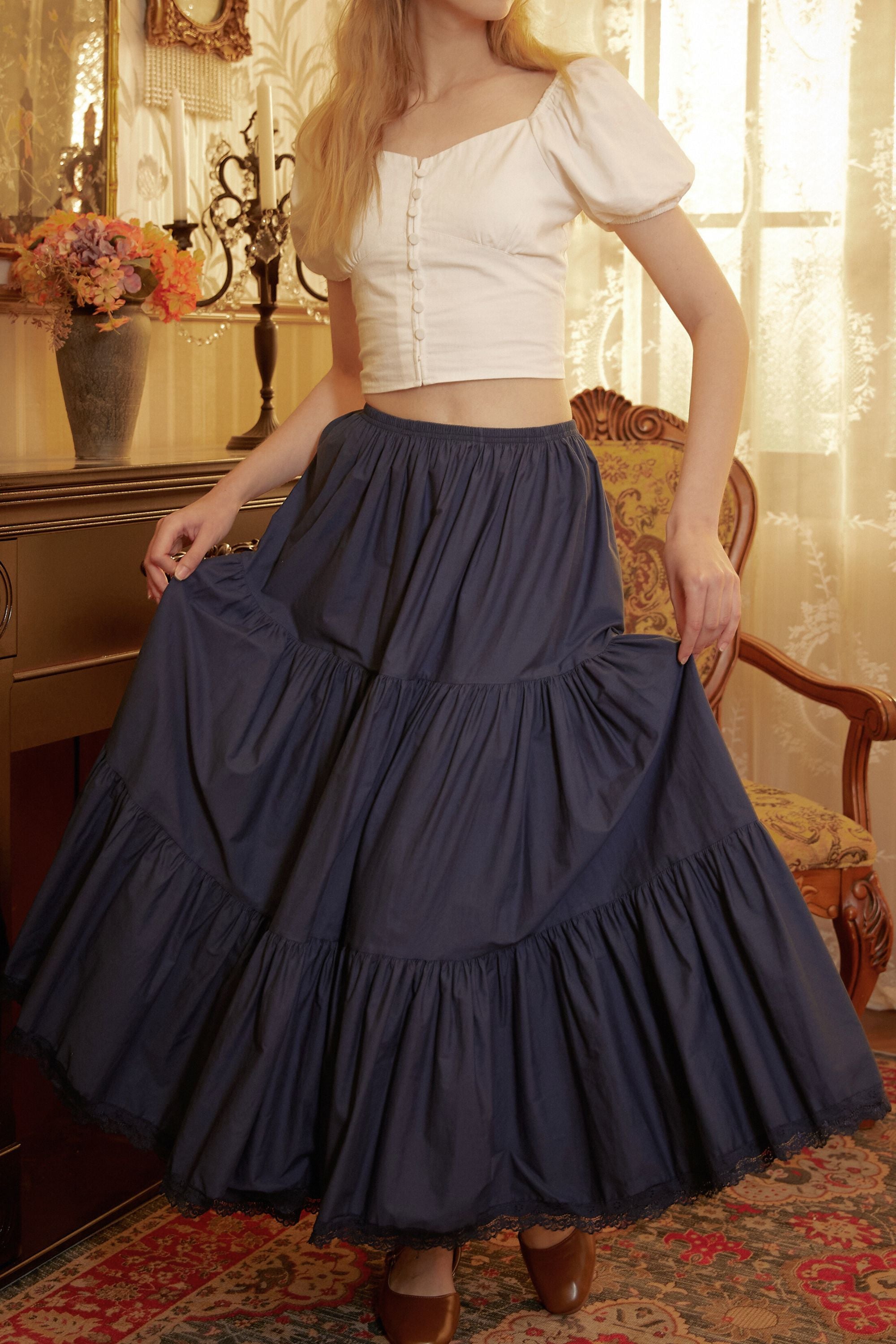 Navy Blue Cotton Petticoat Woman Skirt Extender 
