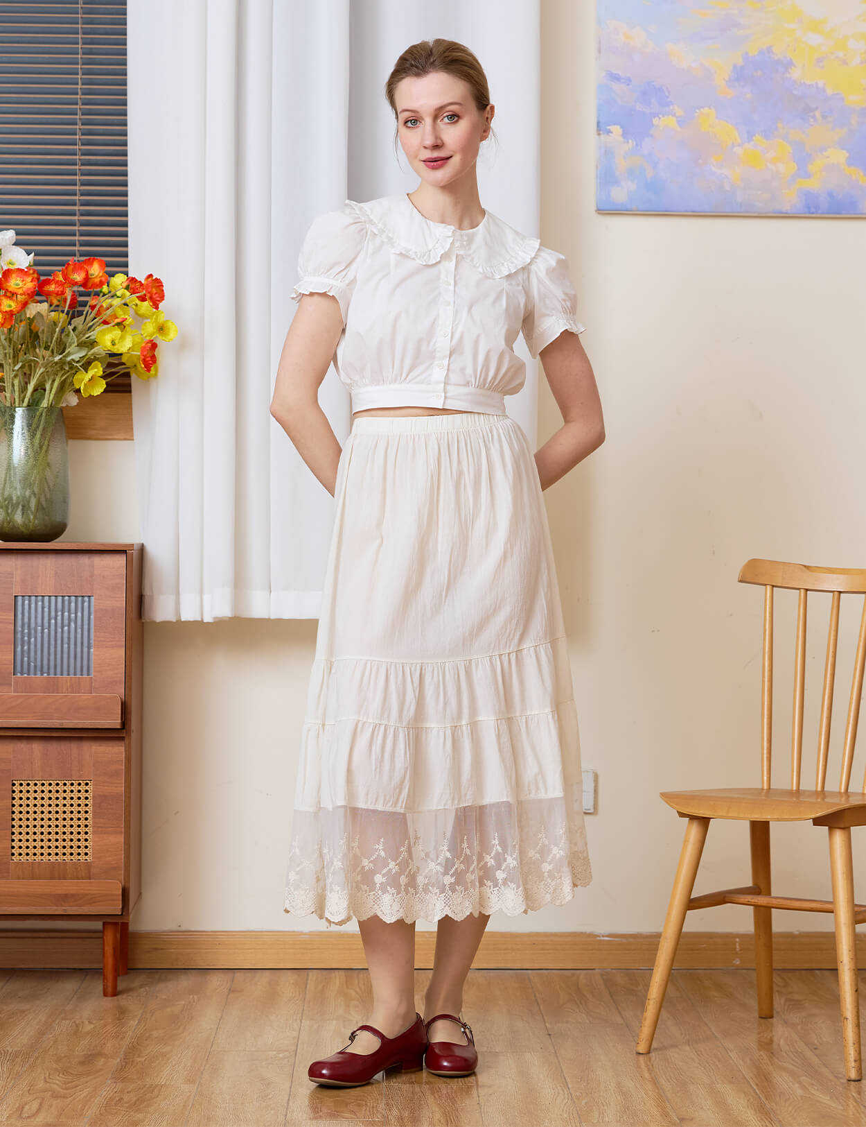 Full front view of Sueasyretro cream A-line skirt extender highlighting the pure cotton fabric.