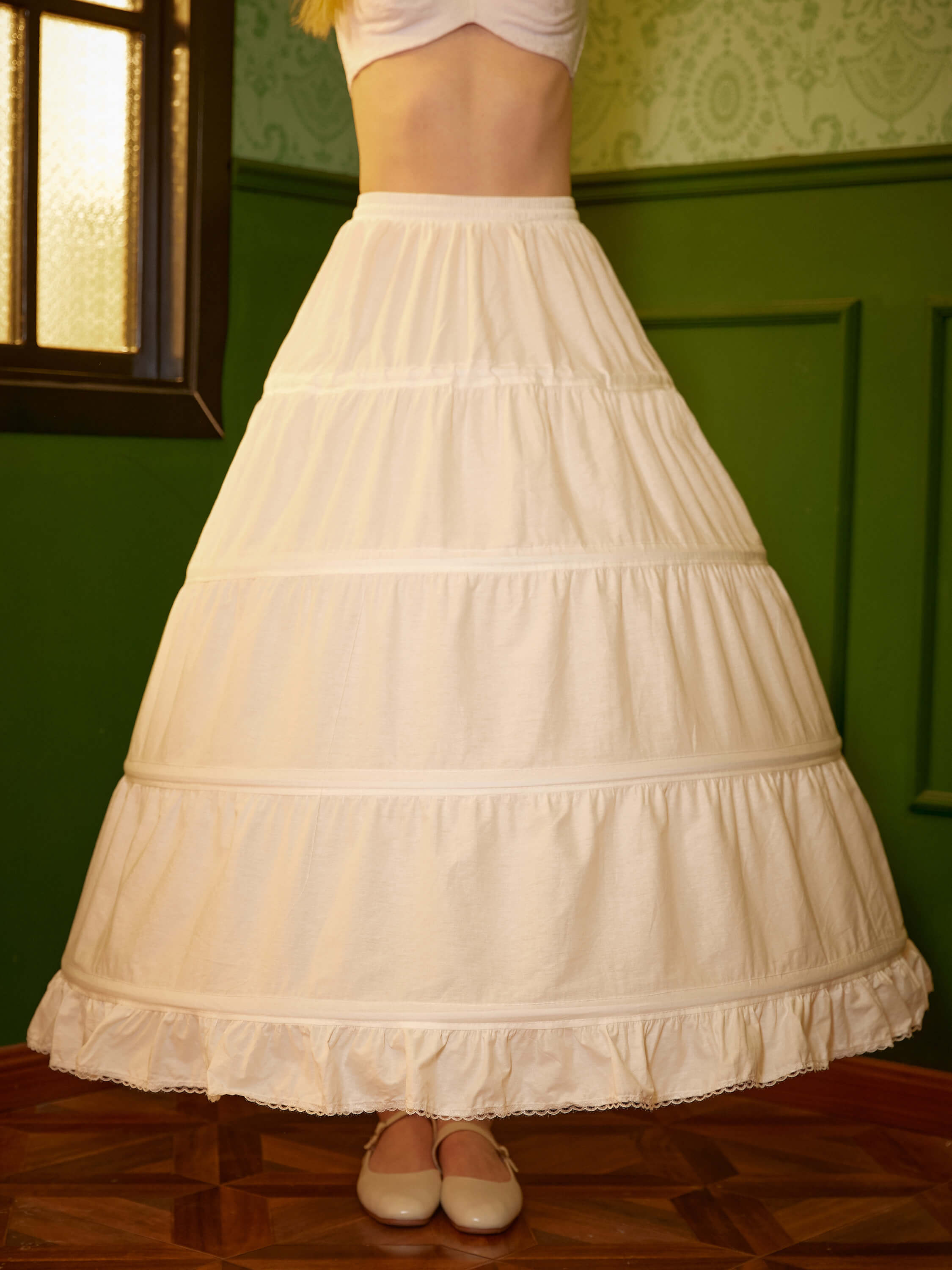 Close-up of an ivory pure cotton Victorian-style hoop petticoat