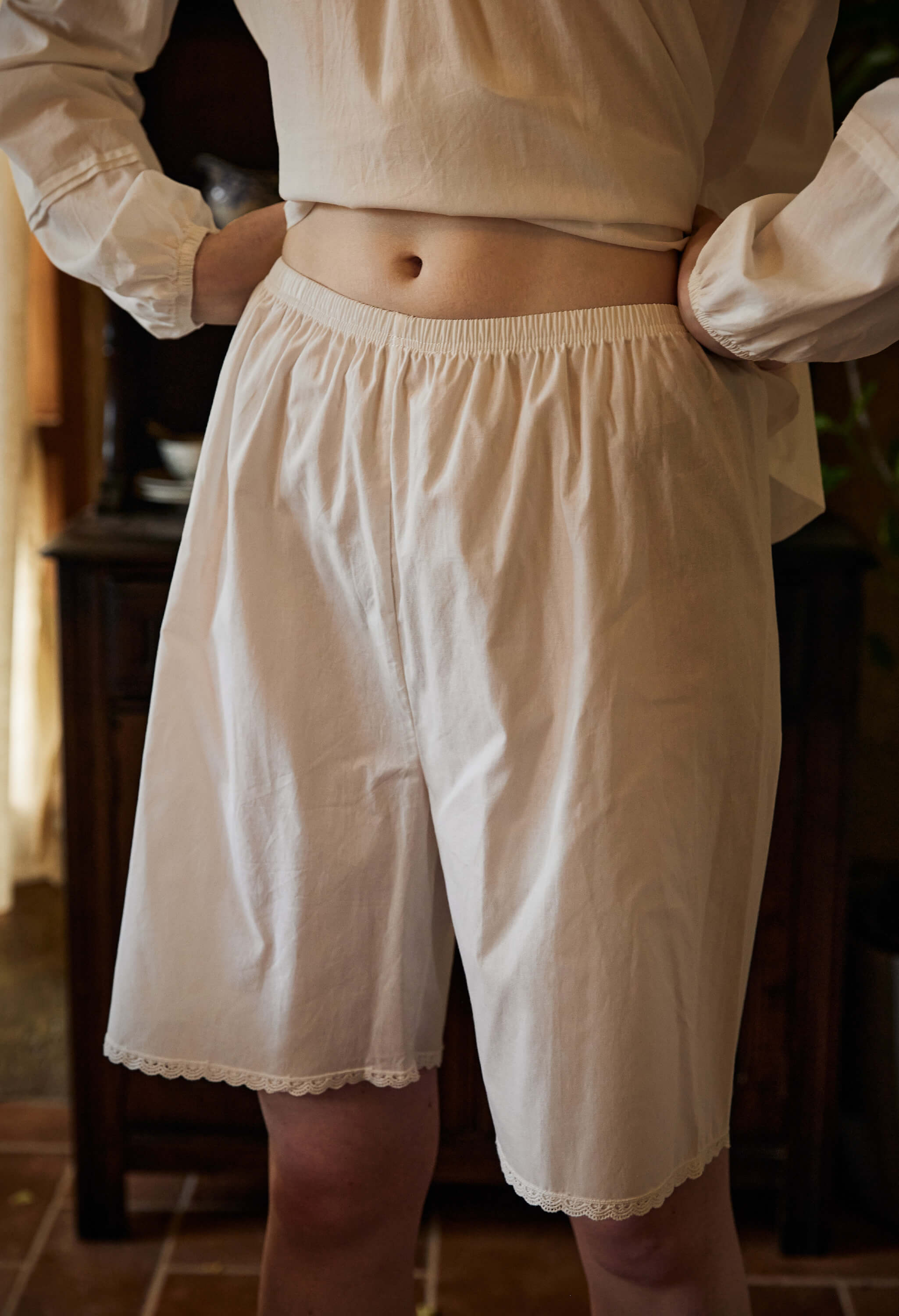 Front view of pure cotton bloomer pants. Perfect as comfortable pajama trousers or vintage pettipants with lace trim