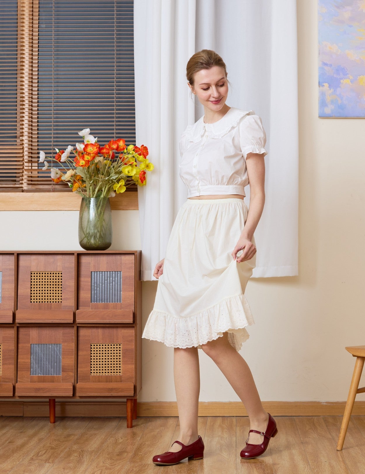 Sueasyretro cream cotton petticoat, natural pure cotton fabric with delicate eyelet lace trim for a nostalgic charm.