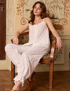 Sueasyretro ivory cotton bloomers seated lifestyle shot, Victorian vintage loungewear for women