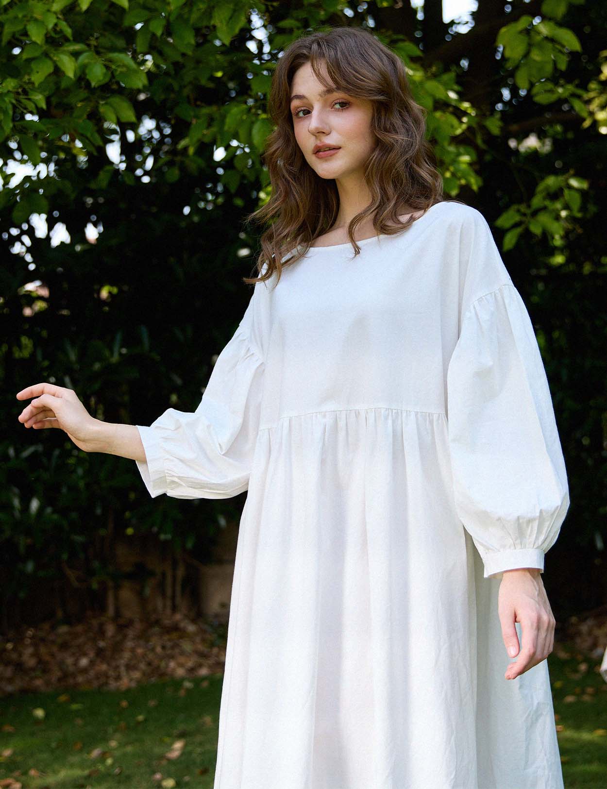 Sueasyretro white cotton house dress: boat neckline, drop-shoulder bishop sleeves, and softly gathered empire waist.