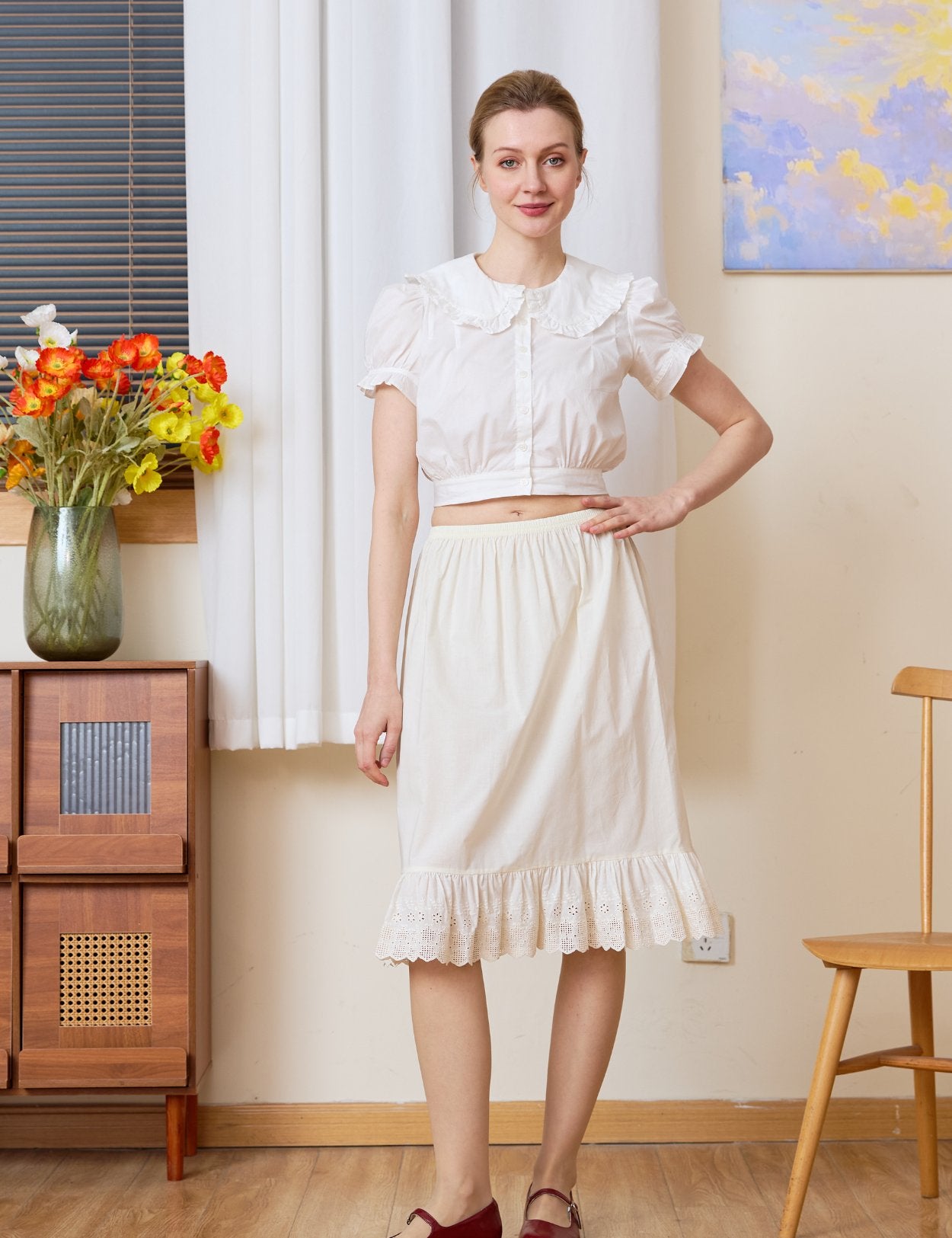Full body view of the Adelaide cream cotton petticoat, a classic pure cotton underskirt with elegant English lace trim.