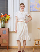 Full body view of the Adelaide cream cotton petticoat, a classic pure cotton underskirt with elegant English lace trim.