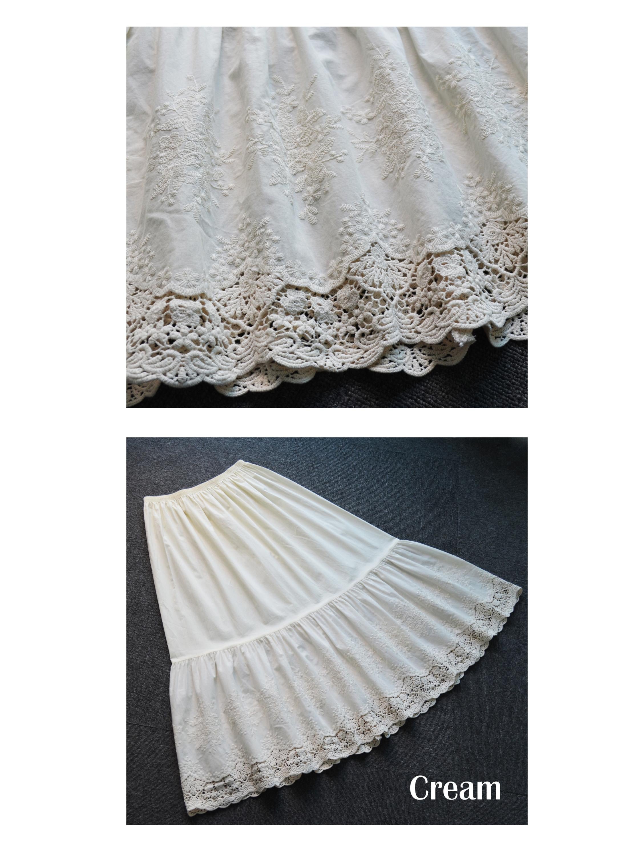 Flat lay and close-up collage highlighting the wide hem of the cream midi cotton petticoat lace.