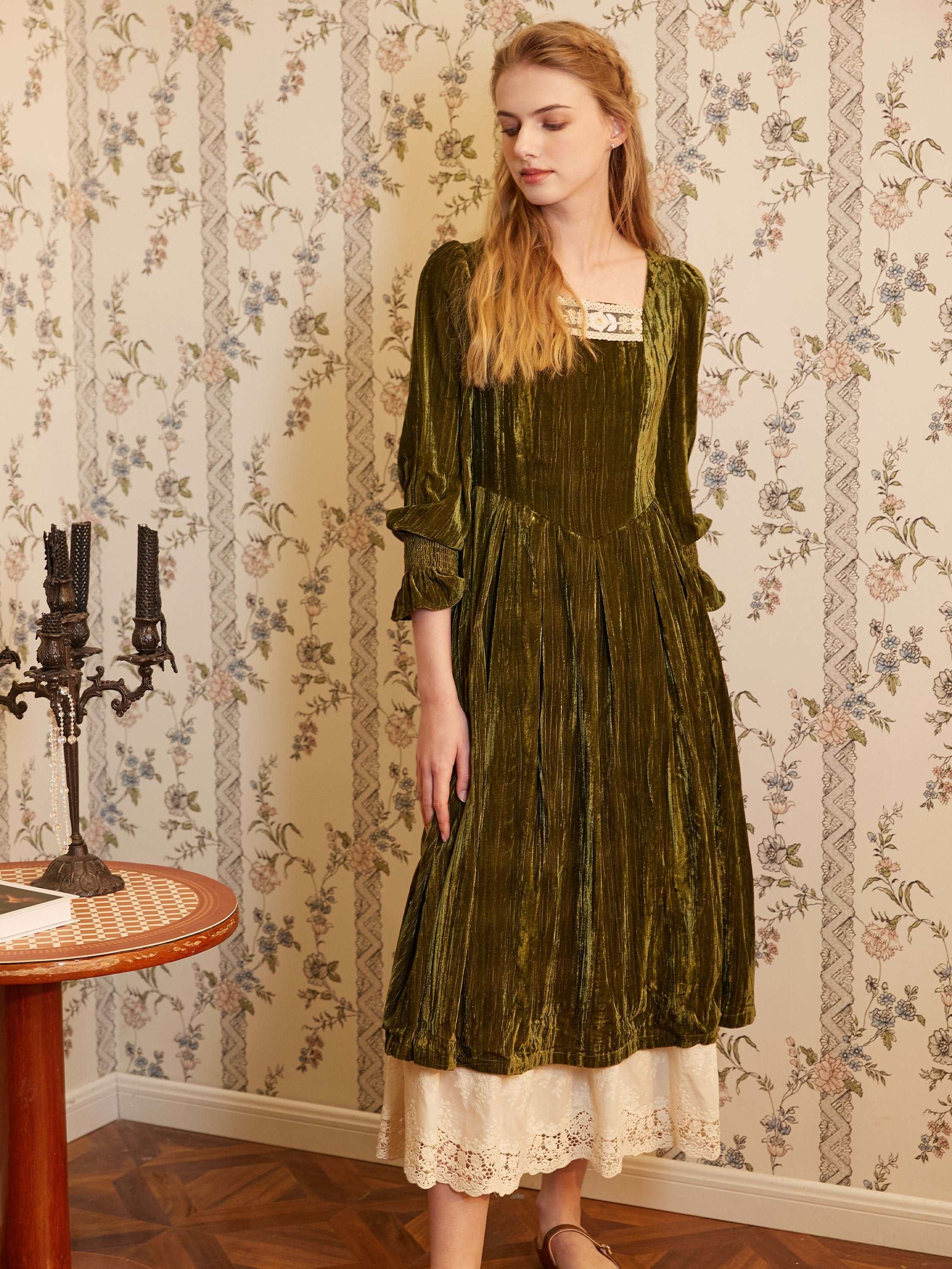 midi cotton petticoat lace peeking out perfectly from under a vintage green velvet dress.