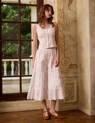 Full front view of the white cotton bloomers for women. These vintage bloomer pants feature a flexible elastic waist.
