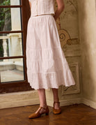 Side view of the flowing wide legs on these white cotton bloomers for women. Comfortable vintage style bloomer pants.
