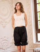 Sueasyretro black cotton bloomers for women. Soft vintage lace bloomer pants that carry their own unique character.