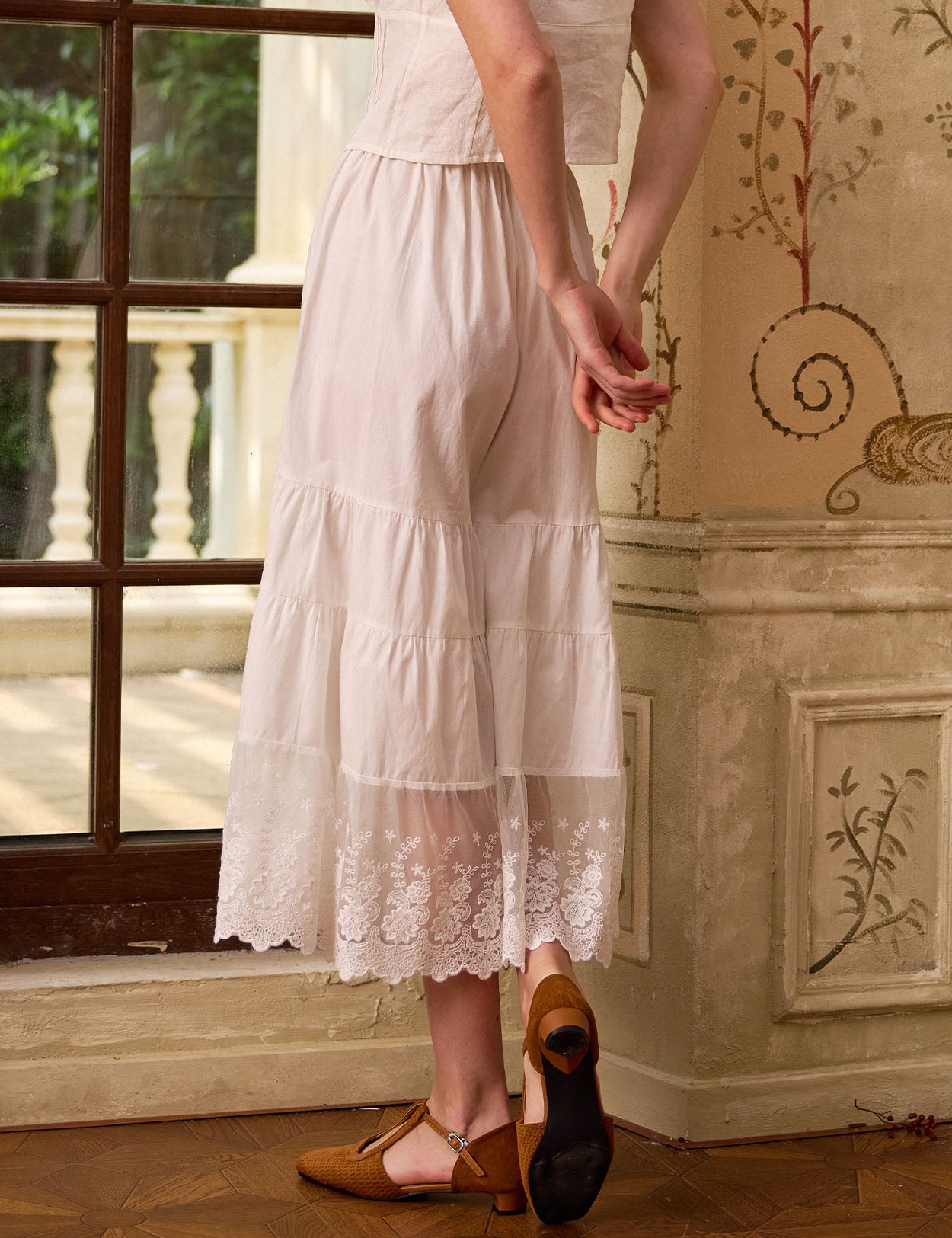 Back view of white cotton bloomers for women by Sueasyretro, featuring gathered tiers and soft 100% cotton.