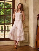 Full body pose in Sueasyretro white bloomer pants. A versatile Victorian style piece crafted from 100% cotton.