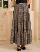 Sueasyretro Black Gingham cotton tiered skirt with elastic high waist for 1950s boho beach style.