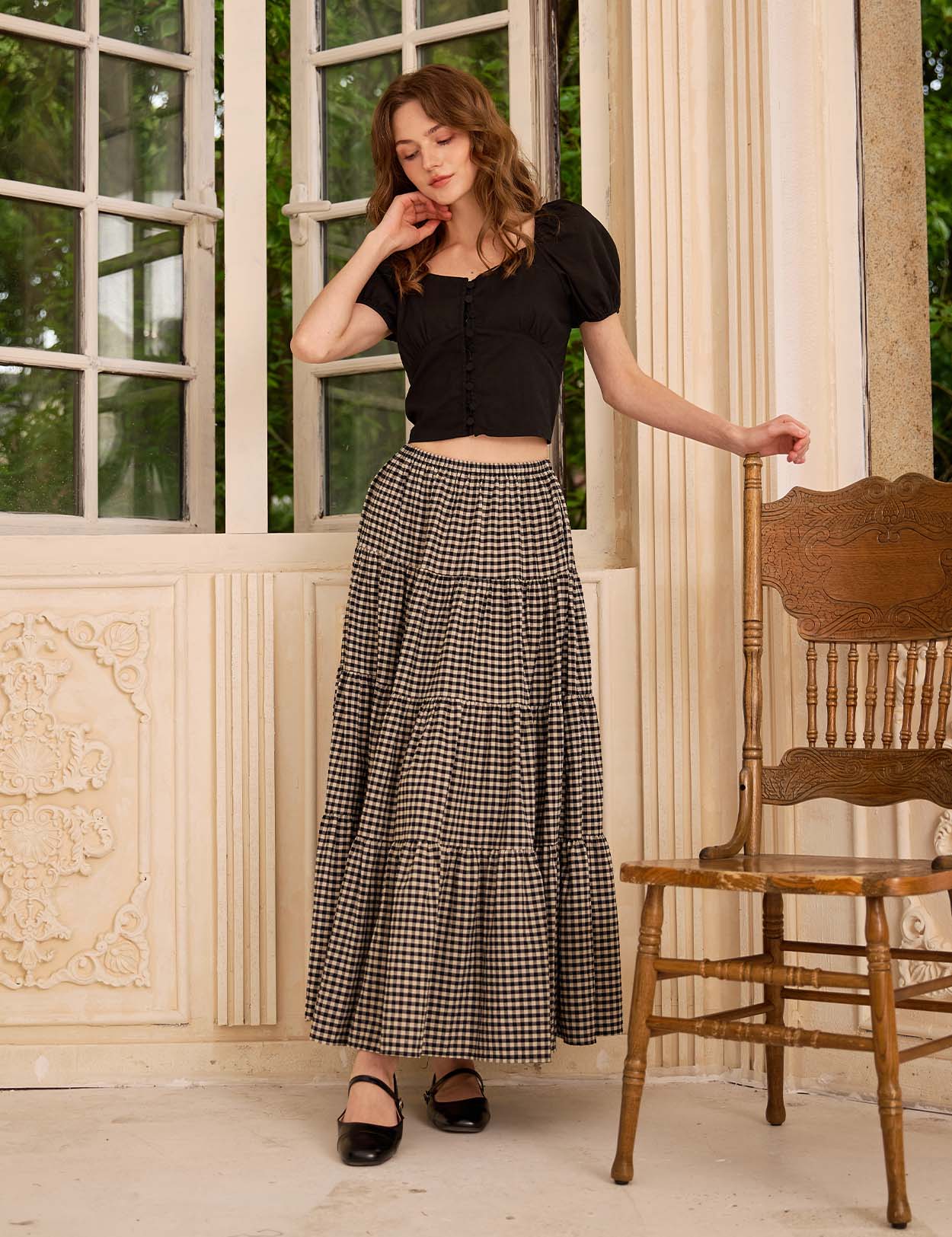 Sueasyretro tiered gingham A-line long skirt with an unlined silhouette perfect for outdoor concerts.