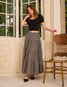 Sueasyretro tiered gingham A-line long skirt with an unlined silhouette perfect for outdoor concerts.