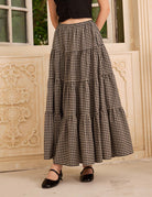Sueasyretro pure cotton gingham A-line long skirt featuring clean layered tiers for effortless travel.