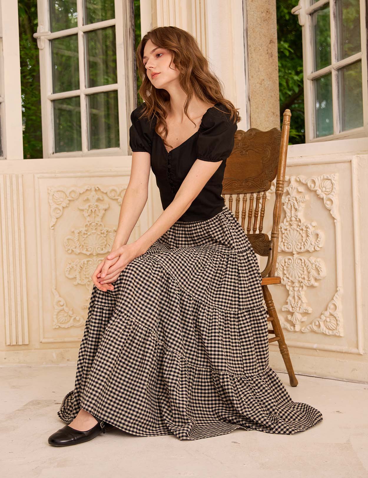 Sueasyretro pure cotton plaid long skirt with a classic tiered design for relaxed Mid-Century Nostalgia.