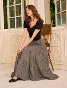 Sueasyretro pure cotton plaid long skirt with a classic tiered design for relaxed Mid-Century Nostalgia.