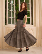 Sueasyretro flowing black gingham cotton skirt with tiered silhouette for a nostalgic 1950s vibe.